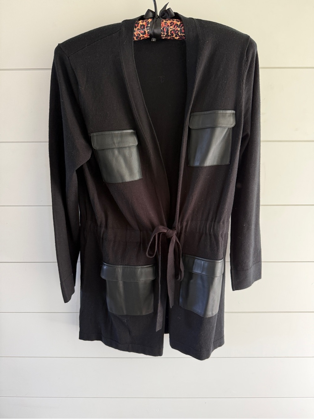 Calvin Klein Black Knit Cardigan with Faux Leather Pocket Panels